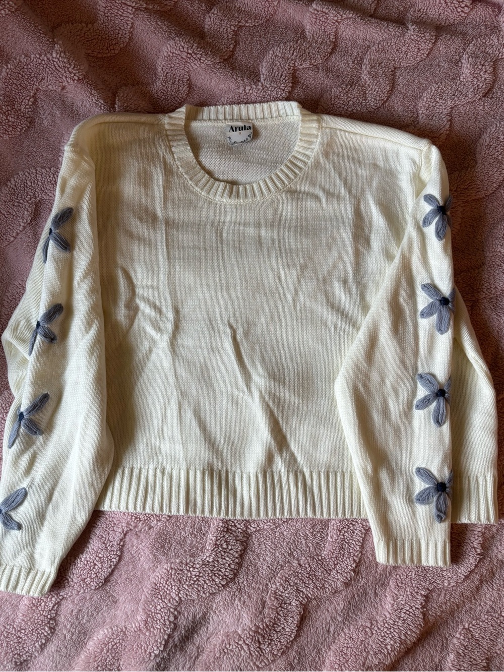 Arula Cream Sweater with Blue Flower Embroidery-2x